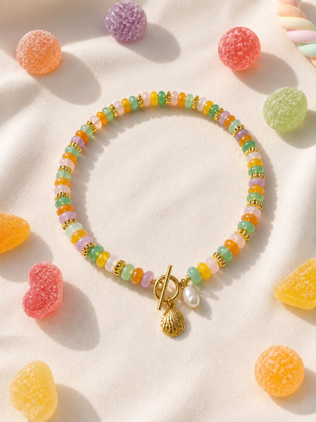 Collana Caramella in Agata Multicolore e Acciaio Inox Placcato oro