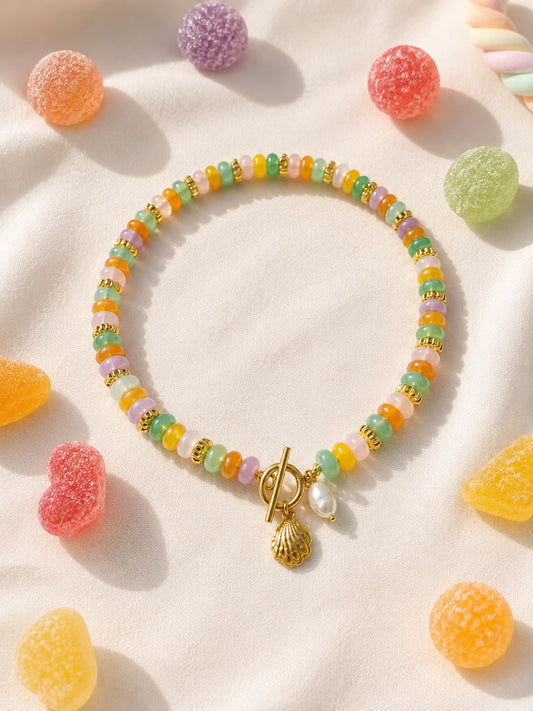 Collana Caramella in Agata Multicolore e Acciaio Inox Placcato oro