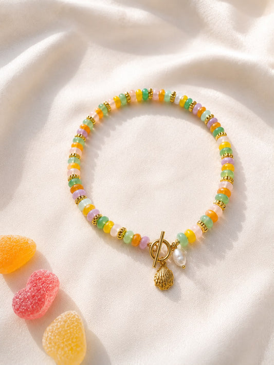 Collana Caramella in Agata Multicolore e Acciaio Inox Placcato oro