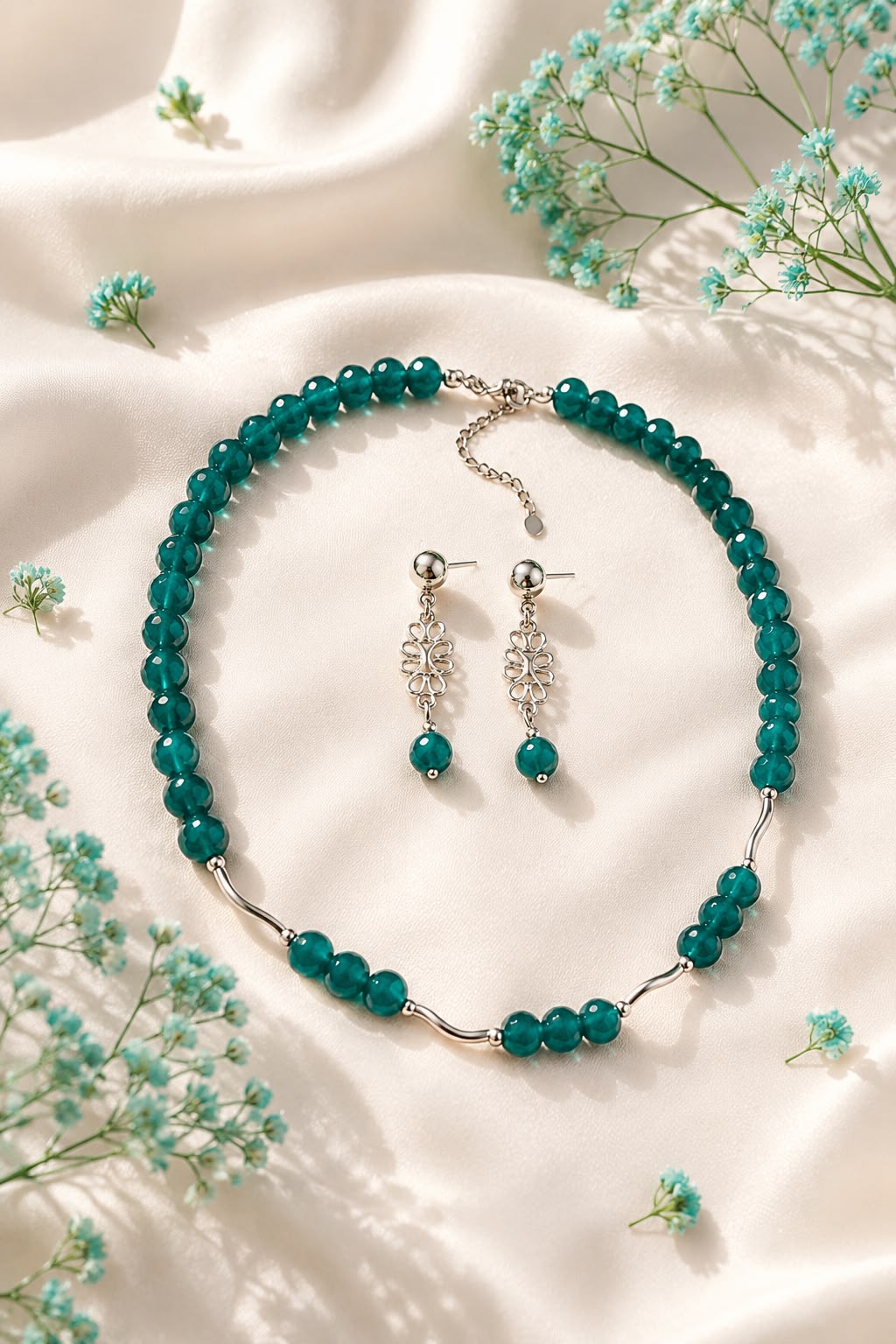 Parure Lucrezia con collana e orecchini in agata verde naturale e argento 950 realizzata a mano da OSADA Gioielleria